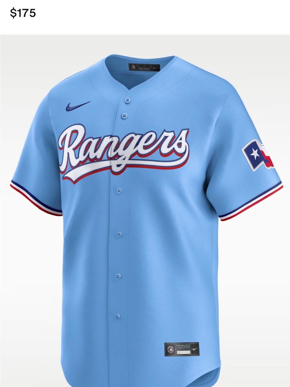 Nike Light Blue Rangers Baseball Jersey with Red & White Trim